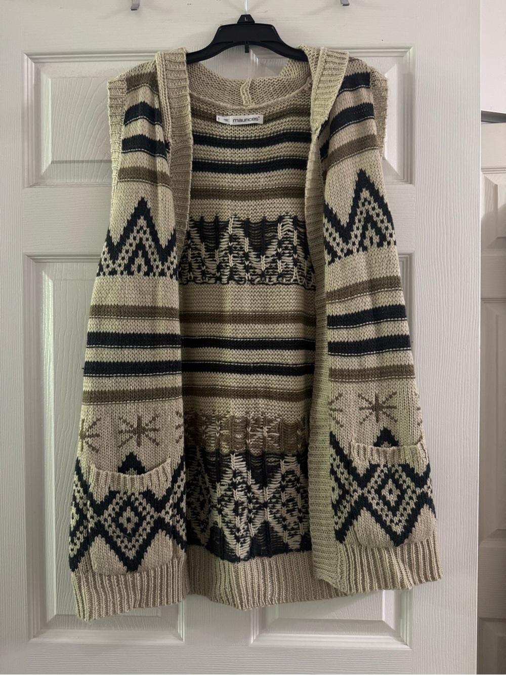 Maurices Beige and Black Knit Hooded Vest Cardigan